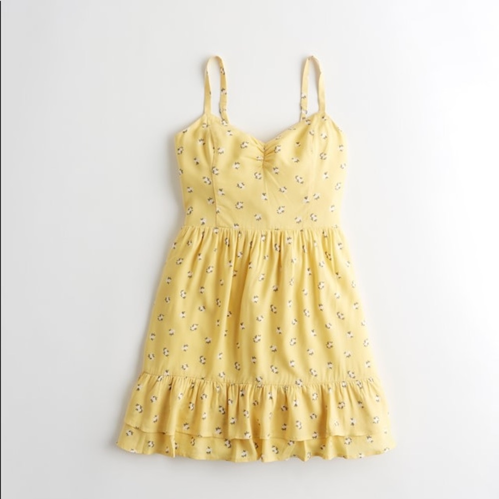 Hollister Yellow Floral Ruffle Hem Dress NEW